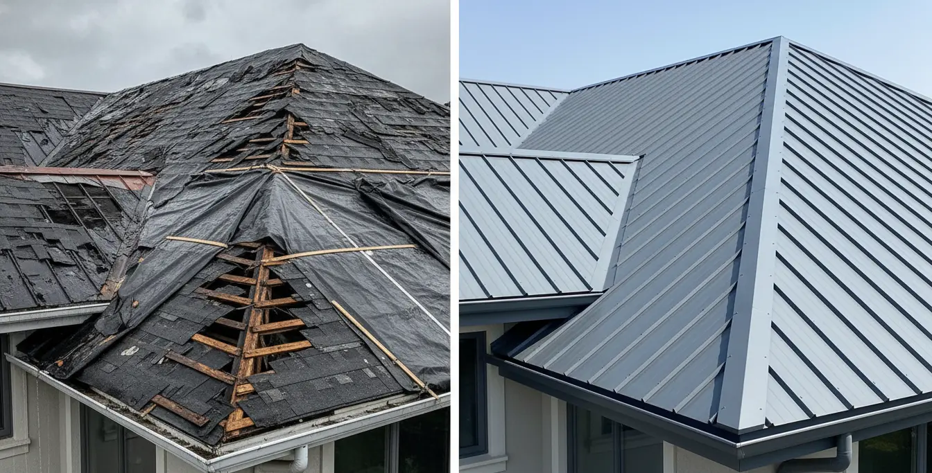 Storm damage roof repair - emergency aluminum roofing installation