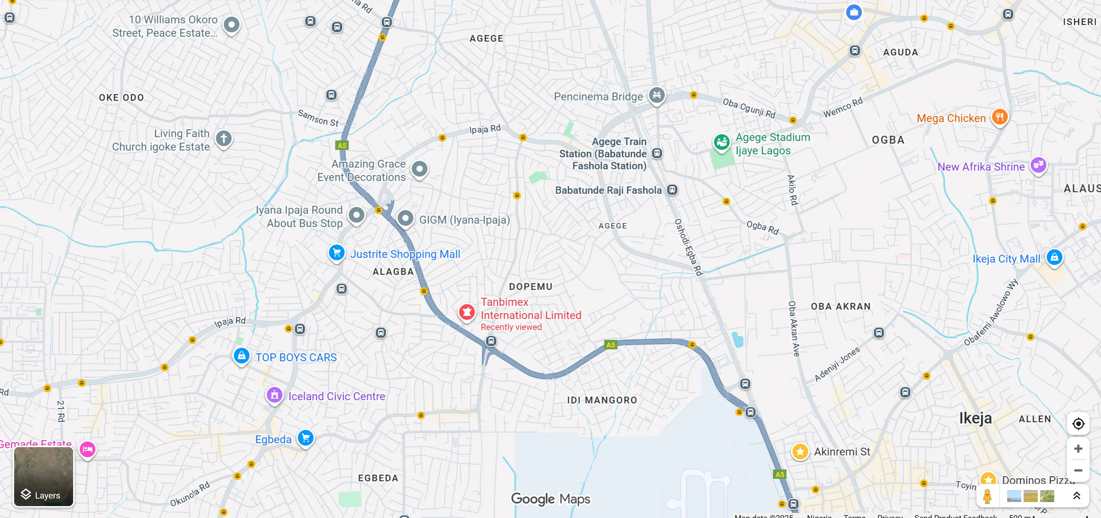 Map showing DonnyAluminium at No 15 Alfia Yusuf off Union Road, Dopemu, Lagos